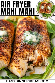 an air fryer mahi mahi on a plate with spinach