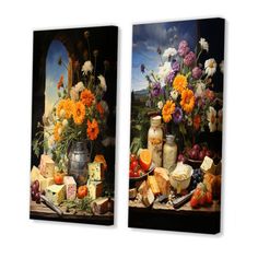 two paintings of flowers and cheese on a table