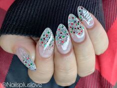 Ombre Nail Art Designs Christmas, Christmas Nail Art Almond Shape, Christmas Ombre Nails Acrylic, Christmas Nails Short Stiletto, Christmas Glitter Tip Nails, Red Green Glitter Nails, Green And Silver Holiday Nails, Red Ombre Nails Christmas, Christmas Gel Nails Almond Shape