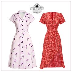 Red 1930s Floral V-Neck Added Button Dress 1940s Dresses Casual, Pin Up Princess, 1930's Dresses, Retro Stage, 1940s Style, Ideal Wardrobe, Standard Dress, The Hollow, 1940s Dresses