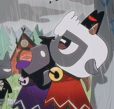 two cartoon characters are standing in the rain