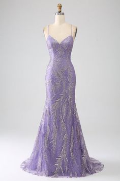 Formal Dress With Corset Back And Spaghetti Straps, Purple Prom Evening Dress, Purple Evening Dress For Prom, Party Bridesmaid Dress With Sweep Train And Mermaid Hem, Fitted Ball Gown With Spaghetti Straps For Prom, Evening Wedding Gown With Mermaid Hem, Wedding Evening Gown With Mermaid Hem, Formal Spaghetti Strap Gown For Prom, Formal Spaghetti Straps Gown For Prom Season