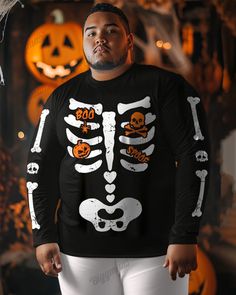 This product is made of pure cotton fabric, breathable and comfortable, real 100% cotton.Design Style Suitable for inner and outer wear in fall and winter, warm, soft and comfortable.Halloween Crew Neck Long Sleeve T-Shirts are designed to be festive and wild, fun and quirky, comfortable, and stylish. They are usually designed with a round neckline, giving a classic and cozy feeling. The main design element is a graphic, monogrammed slogan that appears on the t-shirt in a large font or in a deco Halloween Long Sleeve T-shirt With Skull Print, Skeleton Front And Back, Large Font, Catchy Slogans, Outer Wear, Single Letter, Cozy Feeling, Decorative Letters, Motivational Words