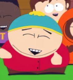 the south park characters are wearing beanies and holding onto each other's shoulders