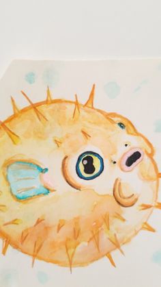 a drawing of a puffer fish with spikes on it's head and eyes