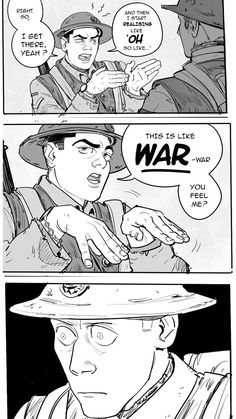 the comic strip shows two men in hats and one is pointing to another man's hand