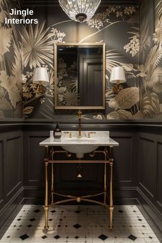 the bathroom is decorated in black and gold