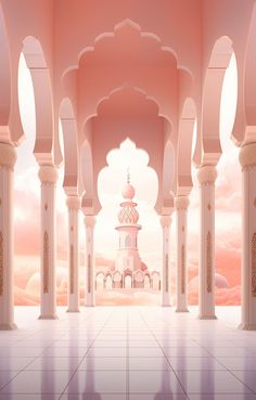 an empty room with arches and pillars in the middle, looking out onto a pink sky