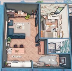 an overhead view of a house with the living room and kitchen in each section,