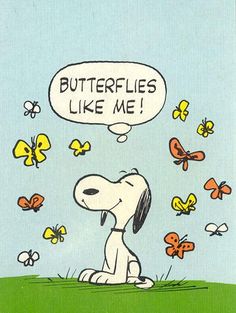 a cartoon dog sitting on top of a grass covered field with butterflies flying around him