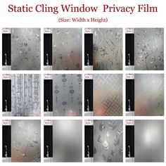 the different types of privacy glass for windows and doors are shown in various sizes, shapes, and colors