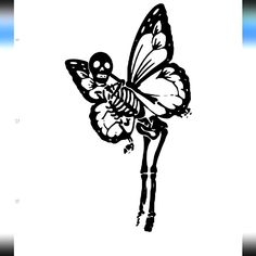 a black and white drawing of a skeleton with a butterfly on it's back