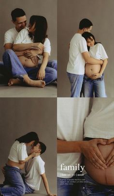 a man and woman cuddling while sitting on the ground with their hands in their stomach