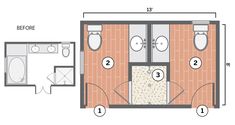 the floor plan for a bathroom with toilet, shower and bathtub in two separate rooms