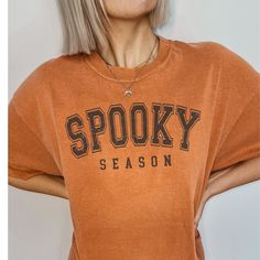 Get ready to fall in LOVE with your new Spooky Season halloween comfort colors t-shirt. It's the cutest and most comfortable way to wear the latest styles, and also makes a great gift.  * PRODUCT DETAILS * ✺ 100% Cotton ✺ Medium weight fabric  ✺ Wash and dry normally (on cool for best results) ✺ Designed and printed in the USA ✺ Due to different monitor screens, colors may vary ✺ * SIZING * ✺ FOR AN OVERSIZED FIT, SELECT TWO OR THREE SIZES UP FROM YOUR NORMAL SIZE ✺ ✺ Sizing is unisex ✺ Size gui Trendy Oversized Halloween Tops, Trendy Oversized Tops For Halloween, Spooky Oversized Top For Halloween, Oversized Cotton Halloween T-shirt, Oversized Spooky Tops For Halloween, Oversized Spooky Top For Halloween, Oversized Halloween T-shirt With Letter Print, Spooky Oversized Crew Neck Top, Spooky Fall T-shirt Pre-shrunk