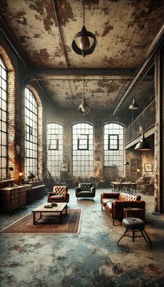 an industrial living room with exposed brick walls and floor to ceiling windows, leather couches and chairs