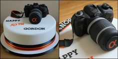 two cakes decorated to look like cameras and the words happy 50 th birthday written on them