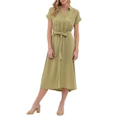 Introducing our August Sky Women's Solid Point Collar Button Up Shirt Midi Dress, where sophistication meets versatility. Featuring a classic point collar and button-up closure with a back yoke, it exudes timeless elegance. Two front patch pockets add functionality and style, while loops with a self-tie belt cinch the waistline for a flattering silhouette. Crafted from fabric with a gauze-like texture, this dress offers a unique tactile experience. Though not lined and lacking stretch, its struc Spring Business Casual Dresses With Pockets, Classic Dresses With Buttoned Pockets, Button-up Shirt Dress With Buttoned Pockets For Work, Classic Button-up Dress With Buttoned Pockets, Classic Button-up Midi Dress For Day Out, Spring Business Casual Dress With Placket, Solid Button-up Shirt Dress, Solid Button-up Midi Dress For Daywear, Solid Midi Dress With Button Closure For Day Out