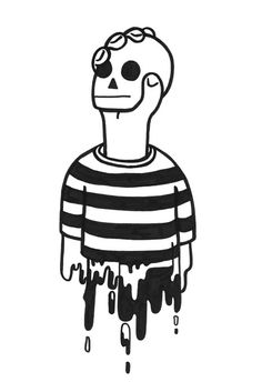 a black and white drawing of a person wearing a striped shirt with dripping paint on it