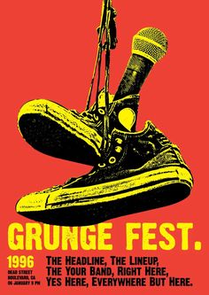 an old poster for the grunge fest, featuring sneakers and microphones on red background