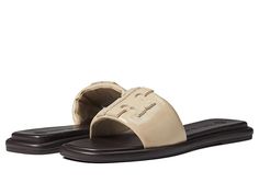 Tory Burch Double T Sport Slide - Women's Shoes : Seaside Sand/Seaside Sand/John Coco : Slip right into style and comfort with Tory Burch Double T Sport Slides! Upper, lining, and insole made of leather material. Slip-on construction. Iconic Tory Burch double T logo on vamp. Open snip-toe silhouette. Man-made outsole. Imported. Measurements: Weight: 7 oz Product measurements were taken using size 9, width M. Please note that measurements may vary by size. Weight of footwear is based on a single Casual Tan Sandals With Leather Lining, Tan Leather Casual Sandals, Leather Sandals With Round Toe And Leather Trim, Casual Tan Sandals With Leather Sole, Classic Tan Leather Sandals, Luxury Double Strap Slides For Summer, Designer Summer Slides With Tang Buckle, Tory Burch Bubble Slides, Tory Burch Black Sandals