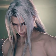 a woman with long white hair and no shirt