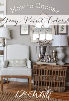 a living room with gray walls and white furniture in the corner, text overlay reads how to choose gray paint colors