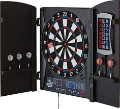 the electronic dart board is open to reveal its darts in it's storage case