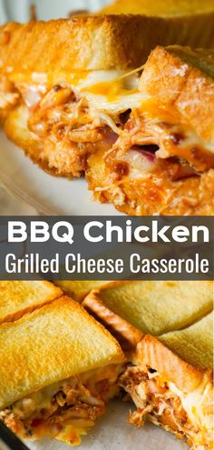 bbq chicken grilled cheese casserole is cut in half on a plate