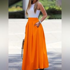 This Orange High Waist Casual Ruffle Skirt Is Designed To Be Both Stylish And Comfortable. The Hem Features A Big Swing Maxi Style, Making It A Fun And Playful Addition To Your Wardrobe. It Is True To Size, With A Waist Measurement Of 35.5 Inches And A Length Of 40.6 Inches. Made From 100% Polyester, This Skirt Is Lightweight And Breathable, Perfect For Warmer Weather. The Pattern Is A Unique Draw Design, Adding A Touch Of Personality To The Overall Casual Style. Orange High Waist Casual Ruffle Colorful Maxi Skirt, Orange Maxi Skirt Outfit, Orange Long Skirt, Orange Skirt Outfit, Long Tight Skirt, Tight Skirt Outfit, Orange Clothes, Orange Maxi Skirt