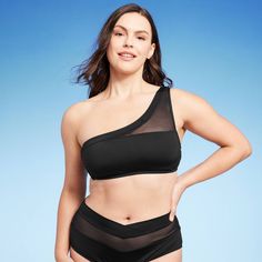 Flaunt your unique style as you splash in the pool or stretch out to soak up the sun with this One-Shoulder Mesh Bikini Top from Shade & Shore™. Fashioned in a solid black hue with a see-through mesh insert, this asymmetrical one-shoulder bikini top offers chic style you'll love. Crafted in a soft and stretchy fabric blend with a hint of spandex, this one-shoulder bikini top features a snug back strap with a hook closure for a comfy and secure fit. Slip on the matching high-waist bottoms for coh Unique Bikinis, Nice Bikinis, High Waist Bottoms, Solid Black, Chic Style, Unique Style, One Shoulder, Target, High Waisted