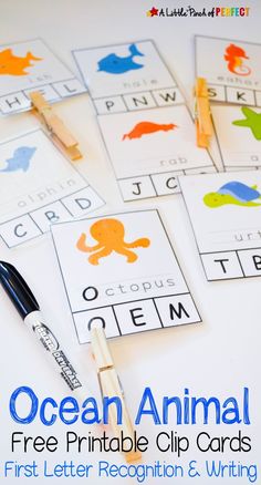 ocean animal printable clip cards for kids to practice letter recognition and writing with crayons