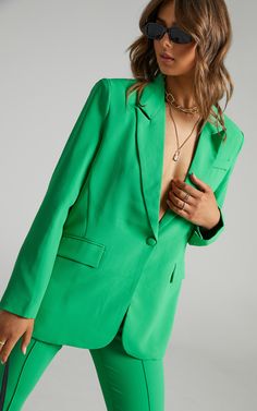 Michelle oversized plunge neckline Button Up Blazer in Green | Showpo Woman Suit, Test Shoot, Work Fits, Creative Photoshoot Ideas, Fall Lookbook, Green Suit, Woman Suit Fashion, Work Place, Green Blazer