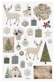 christmas stickers with deer, trees and other decorations on them in various shapes and sizes