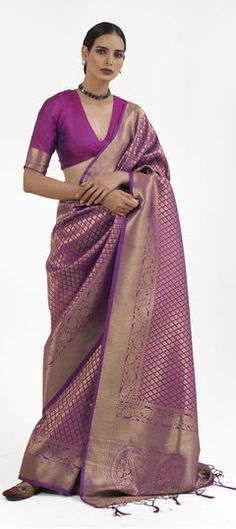 Gold, Purple and Violet color Saree in Silk fabric with Weaving, Zari work Purple Weave, Handloom Weaving, Sarees Silk, Weaving Designs, Violet Color, Wedding Saree Indian, Trendy Blouses, Art Silk Sarees, Purple Fabric