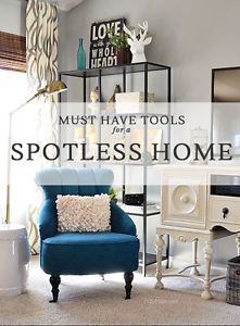 a blue chair sitting in front of a white desk with a mirror above it and the words must have tools for spotless home