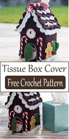 the tissue box cover is made from crochet and has gingerbreads on it