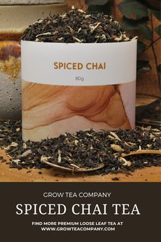 A photo of Grow Tea Company's Spiced Chai Tea with tea leaves spilling out of the top and sprinkled at the bottom of the tea canister. White Cornflower, Caffeinated Tea, Chocolate Chai, Caffeine In Tea, Fall Tea, Spiced Chai, Spiced Chocolate