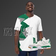 Step up your sneakerhead style game with our shirt to match the Jordan 4 Pine Green SB! 🔥 These shirts are crafted from a soft, comfortable cotton blend that won't fade after washing. The regular fit and four-way stretch fabric ensures a perfect fit and complete freedom of movement. Featuring vibrant  MIKE SB graphics inspired by the iconic Jordan 4 Pine Green SB colorway, this shirt is a must-have for any fan of the iconic shoe. Please note that the Jordan 4 Pine Green SB shown in the images is not included and any shoes displayed in our listings are sold separately and are only used for marketing purposes. When it comes to care, this shirt should be washed on a cold delicate cycle and air dried to maintain its quality. Do not use chlorine bleach. As an independent designer and OG sneake Green Graphic Print Sports Sneakers, White Sublimation Design With Logo For Streetwear, Urban Style Green T-shirt For Sports, Urban Green Sports T-shirt, Cotton Sporty Sublimation Design For Streetwear, Sporty Cotton Streetwear With Sublimation Design, Sporty Cotton Sublimation Design For Streetwear, Sporty Sublimation Print Design For Streetwear, Jordan 4 Pine Green