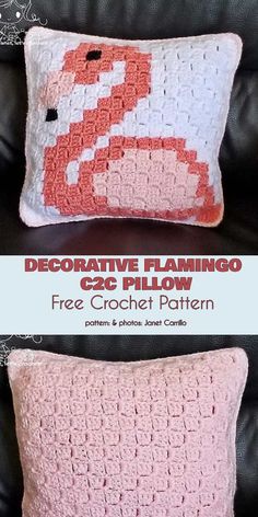 two crocheted pillows sitting next to each other on a couch with the words decorative flamingo