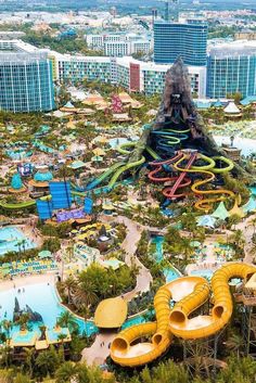 an aerial view of the water park with slides and waterslides in front of it