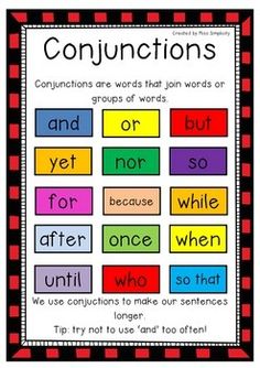 a poster with words that say conjunctions