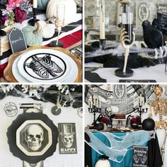 a collage of halloween decorations including candles, skeleton plates and other items on display