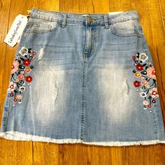 Embroidered Denim Skirt Size Medium Fabric Is Very Soft With Elasthane Floral Embroidered Cotton Denim Skirt, Embroidered Denim Skirt For Spring, Casual Denim Skirt With Floral Embroidery, Summer Cotton Denim Skirt With Floral Embroidery, Casual Embroidered Denim Blue Skirt, Spring Embroidered Denim Skirt, Casual Embroidered Denim Skirt For Summer, Summer Floral Embroidered Denim Skirt, Embroidered Medium Wash Denim Skirt