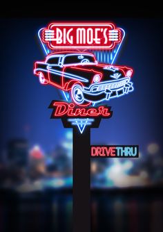 a neon sign that says, big mo's diner drive thru with an old car on it