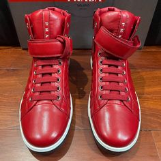 Here’s Your Second Chance To Get A Pair Of The Classic Prada Napa Sport Luxury Sneaker. Butter Is The Only Word To Describe The Leather, And This Red Is Right On Time To Brighten Your Spring/Summer Experience! Fotb And Ready For Your Feet! If You’re Familiar With Prada You Know How They Will Fit Your Feet. I Have To Go Small And These 8.5s Fit My 10./0.5s Right! Includes Logo Shoe Travel Bags. Red Designer Sneakers For Sports, Luxury Red Sneakers With Round Toe, Luxury Red Goodyear Welted Men's Shoes, Luxury Red Calf Leather Sneakers, Luxury Men's Red Loafers, Luxury Fade-resistant Red Sneakers, Logo Shoes, Luxury Sneakers, Prada Shoes