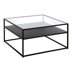 a glass and metal coffee table with black frame on the bottom, in front of a white background