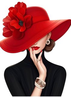 a woman wearing a red hat with a flower on it