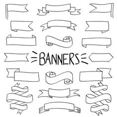 hand drawn banners and ribbons with the word banner on them in black ink stock illustration