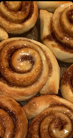 cinnamon buns with icing sitting in a pan